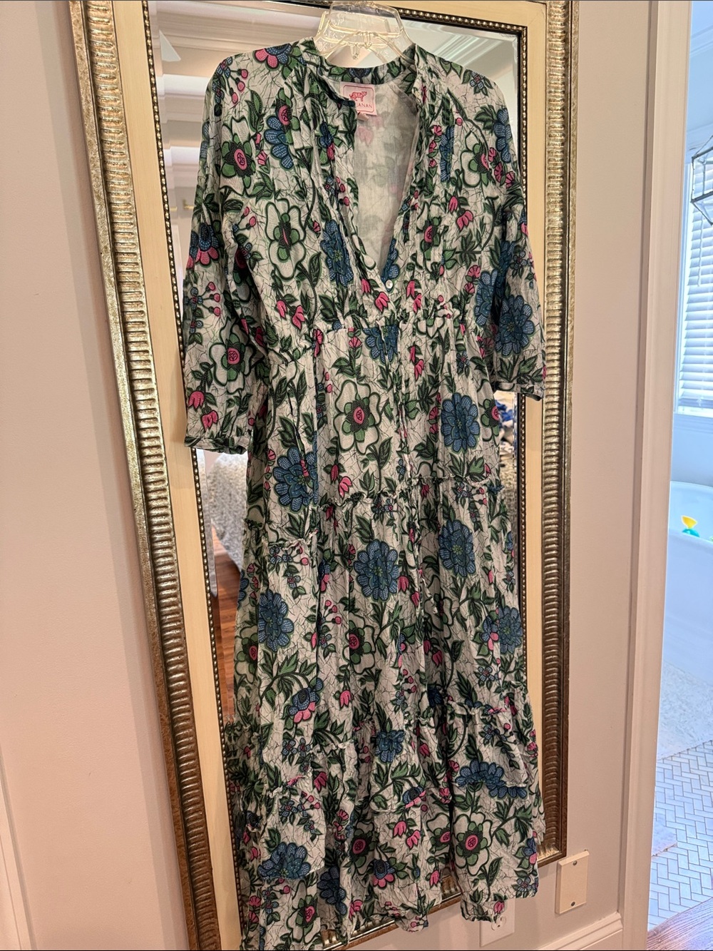 Banjanan XS Floral Tie-Neck Midi Dress in White, Blue & Green